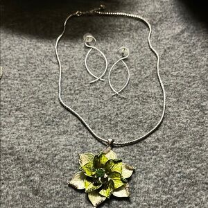 Elegant Green Floral Pendant Necklace and Earrings Set